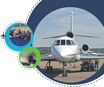 aviation conference image collage showing an airplane, booth and a person next to an airplane